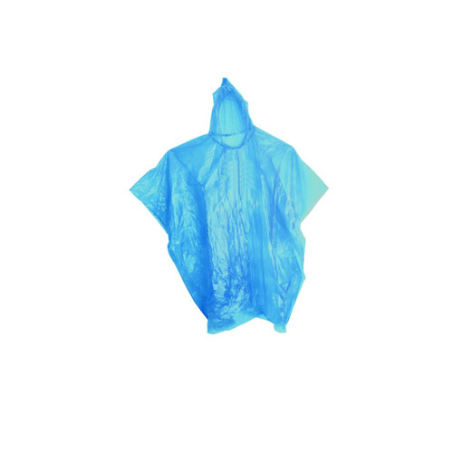 A blue plastic poncho with an open design and a hood. It features a logo on the surface.