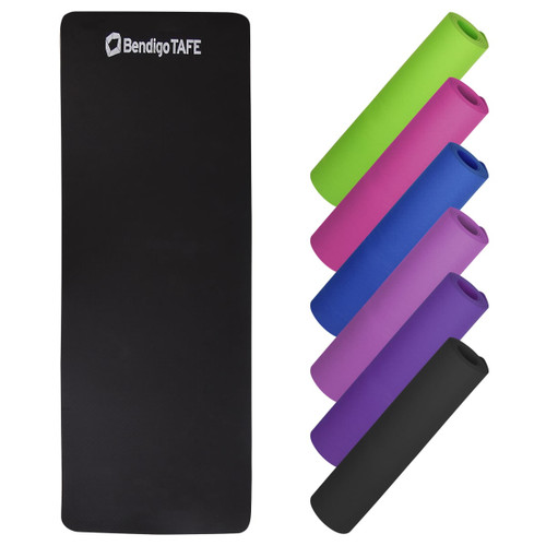 A range of premium TPE yoga mats in black, green, pink, blue, and purple, along with a logo.