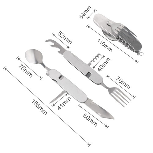 A stainless steel camping cutlery tool featuring a spoon, fork, knife, can opener, and corkscrew with a compact design.