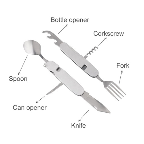 A stainless steel camping cutlery tool featuring a spoon, fork, knife, can opener, bottle opener, and corkscrew.