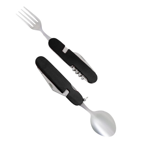 A camping cutlery tool featuring a fork and spoon, with a textured black handle and a stainless steel finish.