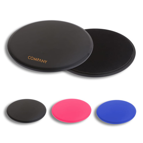 A set of two yoga sliding disks in black and assorted colours: pink, blue, and another black disk. Features a logo.