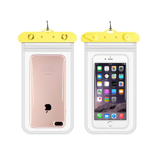 A waterproof mobile pouch in transparent plastic with yellow clips, displaying a phone inside and out.
