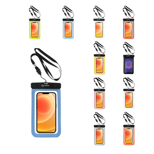 A collection of waterproof phone bags in various colours, each with a strap and a logo on the front.