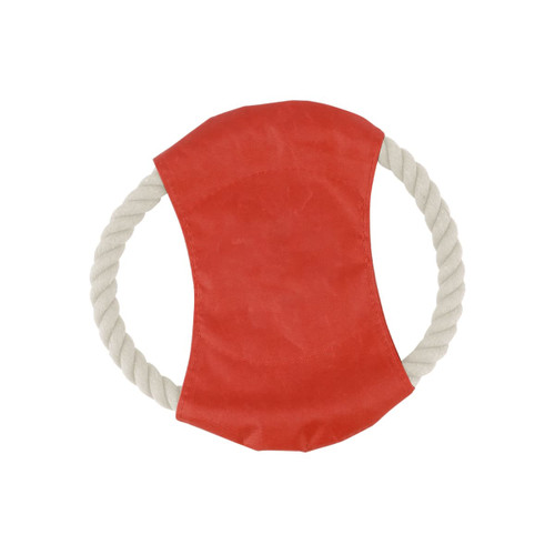 A red and cream rope frisbee dog toy, featuring a soft fabric centre and twisted rope edges.