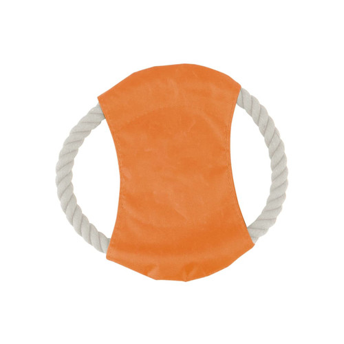 An orange rope frisbee dog toy with a textured fabric centre and white rope handles. It features a logo.