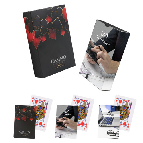 A set of custom playing cards in a black box featuring red and black designs, including a logo and playing card images.