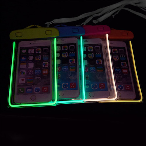 Four waterproof phone bags in vibrant colours, featuring fluorescent outlines and interlocking closures, each holding a phone.