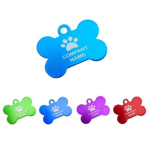 A bone-shaped pet ID tag in blue, with options in green, red, purple, and dark purple, featuring a logo.