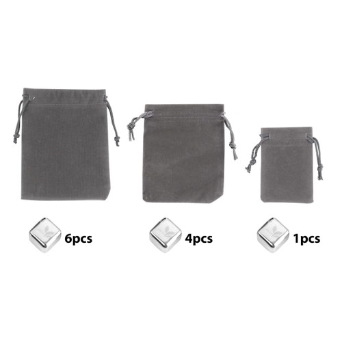 A set of three grey drawstring bags alongside stainless steel ice cubes in various quantities. The bags are neatly organised.
