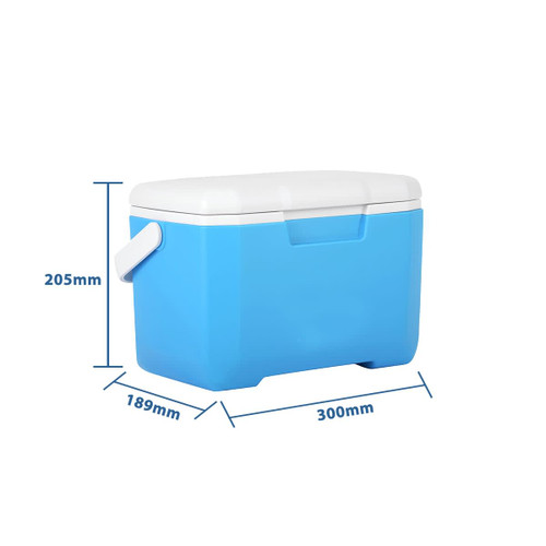 A blue 6L cooler box with a white lid, featuring a handle and dimensions indicated.