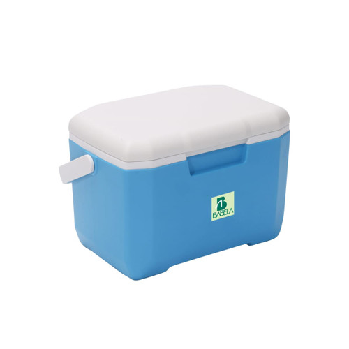 A blue and white 6L cooler box with a handle and a logo on the front.