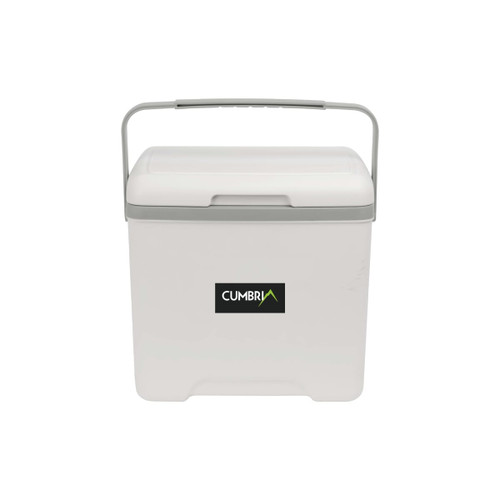 A white cooler box with a grey handle and a small logo on the front.