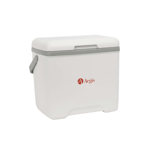 A 13L cooler box in white with a grey lid and handle, featuring a logo on the side.