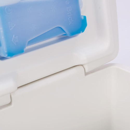 A white cooler box with a blue ice brick inside, featuring a logo on the lid.