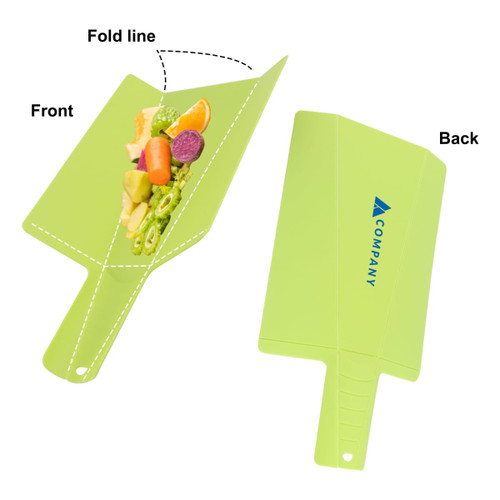 A green foldable chopping board with a handle, featuring a vibrant design on one side and a branding logo on the other.