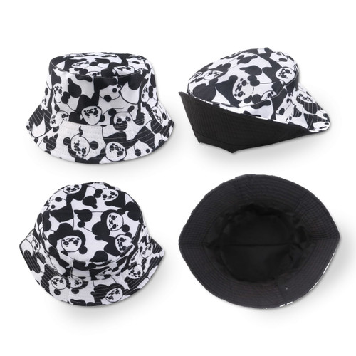 A black and white sublimation bucket hat featuring a panda pattern, shown from multiple angles. The interior is black.