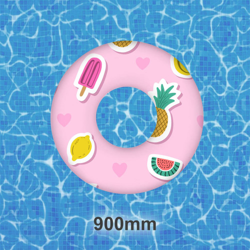 A pink inflatable swim ring featuring fruit and ice cream motifs, measuring 90cm in diameter.