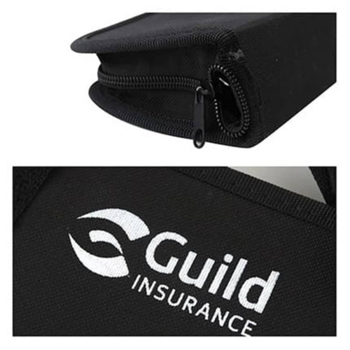 A black pouch with a zip closure, featuring a logo.