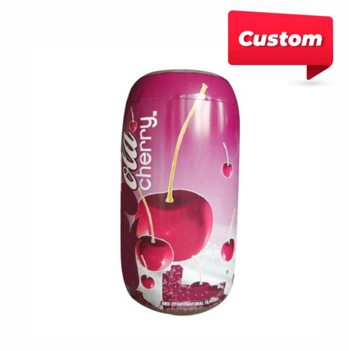 An inflatable bottle in pink featuring cherry graphics, with a logo displayed prominently.