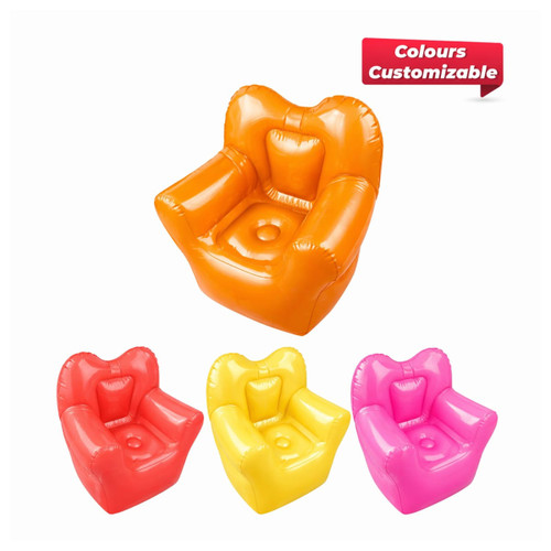 An inflatable chair in orange, with options for customisable colours, featuring a rounded back and armrests.