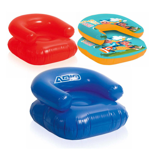 Three custom inflatable chairs in red, blue, and a multicoloured design, featuring armrests and a soft appearance.