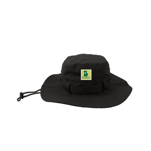 A black outdoor brim hat with a chin strap and a logo on the side. Ideal for outdoor activities.