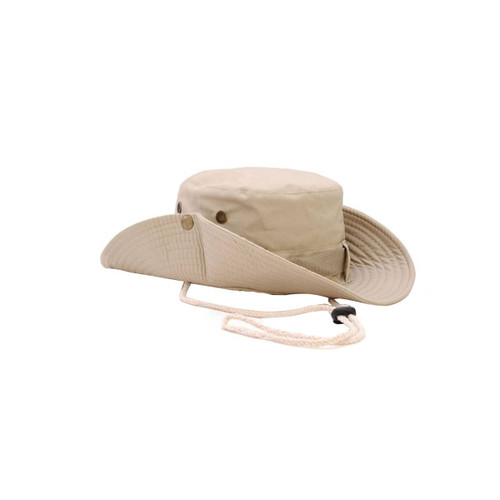 A beige outdoor brim hat featuring a wide brim and an adjustable chin strap, with a logo displayed on the side.