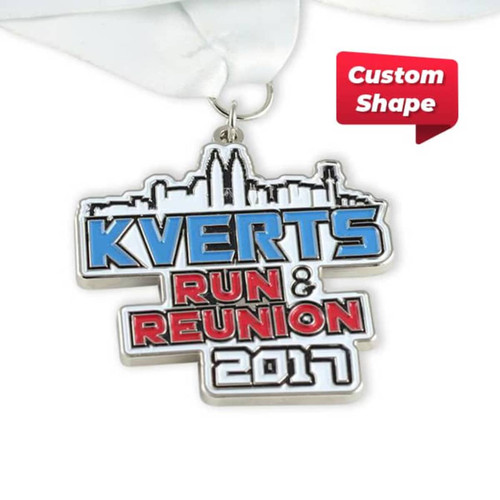 A silver custom medal featuring blue and red text and a city skyline design, hanging from a white ribbon.