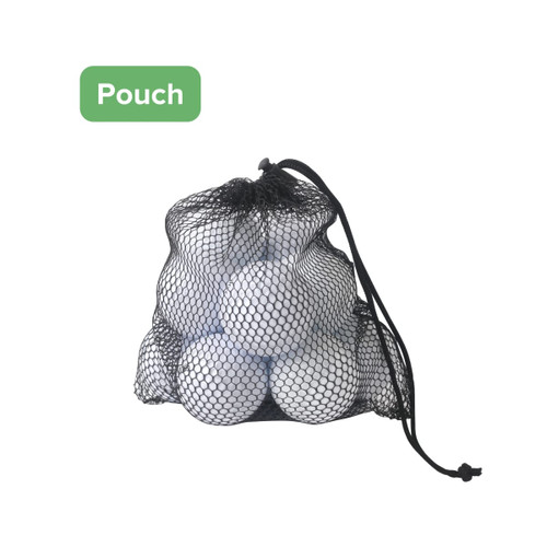 A black mesh pouch containing twelve white golf balls, showcasing a practical and portable design.