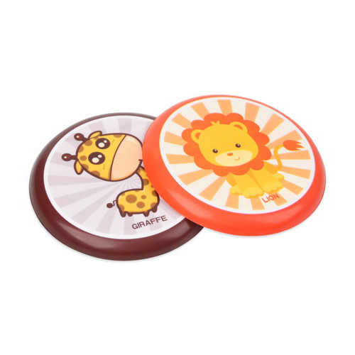 Two colourful PU soft frisbees featuring a giraffe and a lion design, both with playful cartoon illustrations.