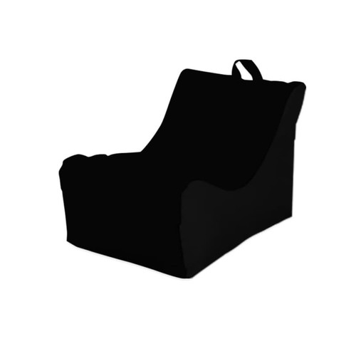 A black outdoor chair with a sleek design and a handle for easy transport. It has a logo on the side.