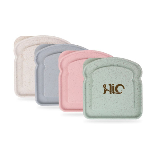 A set of four sandwich-shaped plates in pale pink, grey, green, and cream, featuring a logo on one plate.