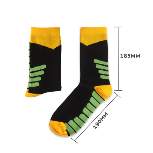 Crew sport socks featuring a black base with yellow and green accents. The design includes a logo and dimensions indicated.