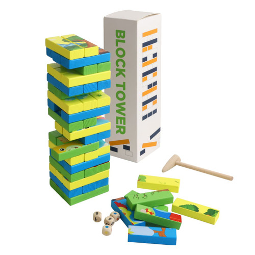 A colourful block tower set featuring green and blue blocks, a wooden hammer, and dice, packaged in a box.