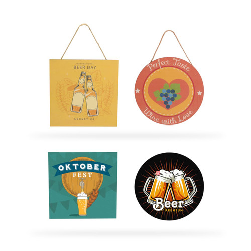 A wooden signboard in various designs featuring beer themes, with colours including orange, green, and red.