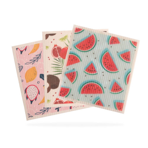 A set of four biodegradable dishwashing cloths featuring colourful fruit patterns, including watermelon and tropical designs.