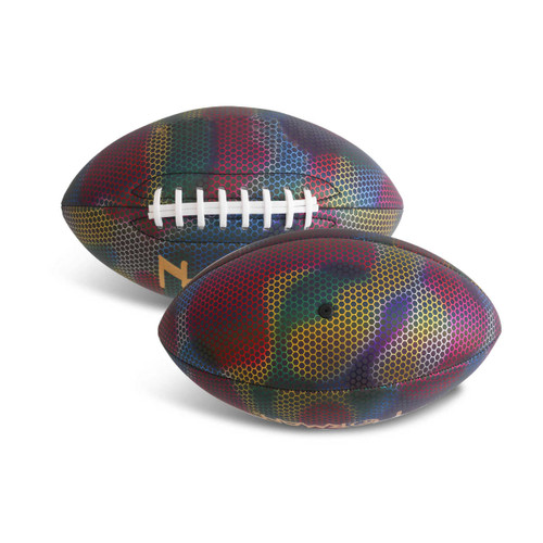 A holographic glowing American football in vibrant multicoloured camouflage, featuring a white stitched pattern and branding.