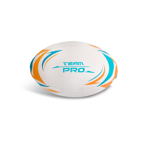 A white AFL ball with blue and orange designs, featuring the branding "TEAM PRO".