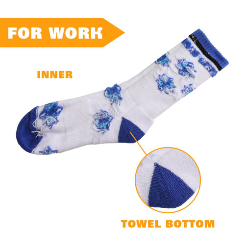 Crew woven work socks featuring a blue and white design with a towel bottom for added comfort. Includes a logo.
