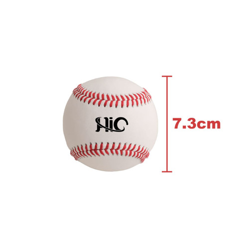 A training baseball in white with red stitching, featuring a logo on its surface, measuring 7.3 cm in diameter.