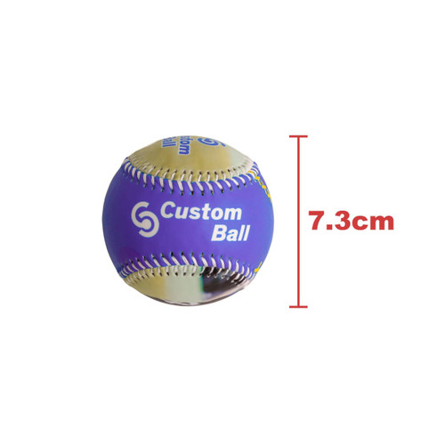 A purple promotional baseball with a logo, measuring 7.3 cm in diameter.
