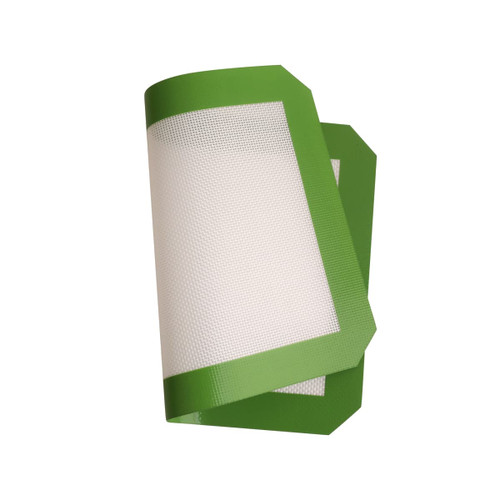 A silicone baking mat in green with a textured white surface, featuring rounded edges.