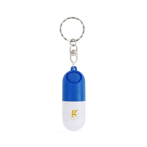 A blue and white pill capsule keychain featuring a silver keyring and a logo.