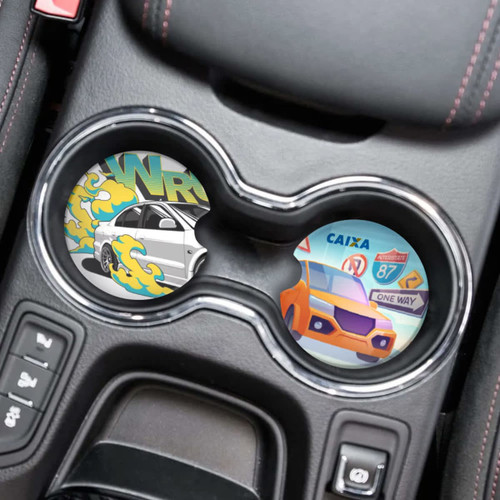 A drink holder displaying full colour car-themed coasters with vibrant designs in a vehicle's console.