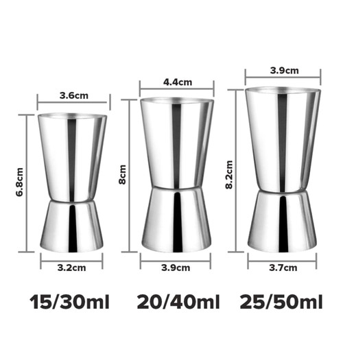 A set of three stainless steel double jiggers in varying sizes, featuring a polished finish and measurement markings.