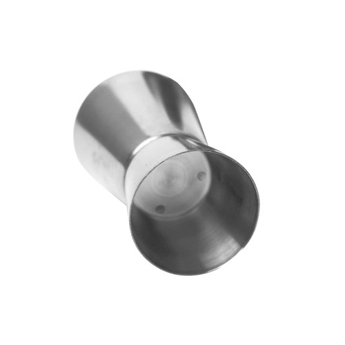 A stainless steel double jigger with a sleek, polished finish, designed for measuring liquids.