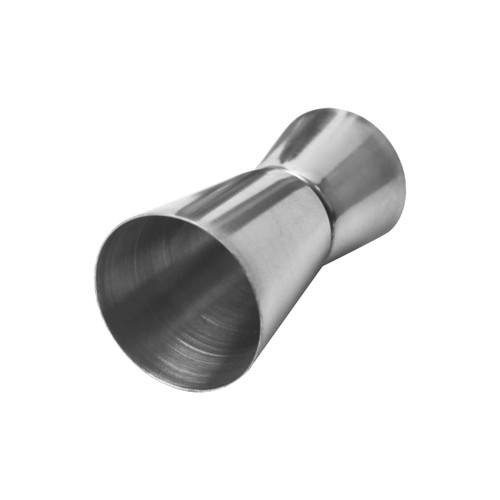 A stainless steel double jigger with a conical shape, featuring a smooth, shiny finish and a logo.