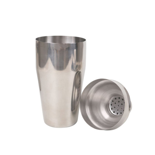 A drink bottle and a shaker, both made of stainless steel, polished finish, part of a cocktail tools set.