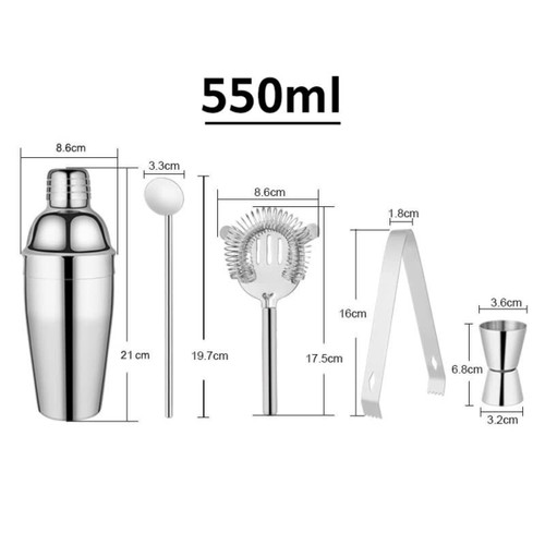 A 550ml cocktail tool set with a stainless steel shaker, strainer, stirring spoon, tongs, and jigger in silver.